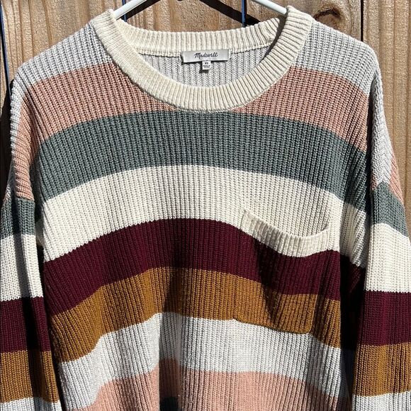 Madewell Women’s Long Sleeve Stripped Cream Grey Pink Sweater Pocket XS Fall - Picture 13 of 13